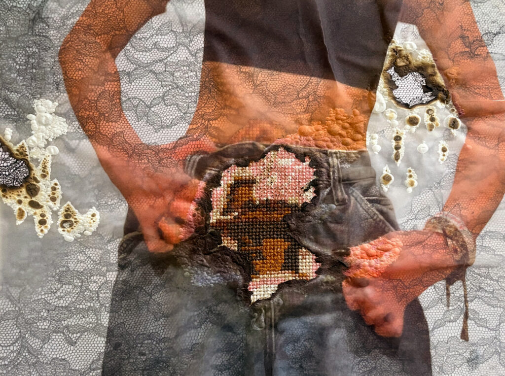 A mixed media work titled "Threads of Autonomy" by Addy Jaffe ’26.